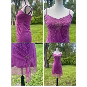 00s Beaded Fairy Glam Slip Dress M Y2K Prom Gown Purple McBling Party Prom Y2K
